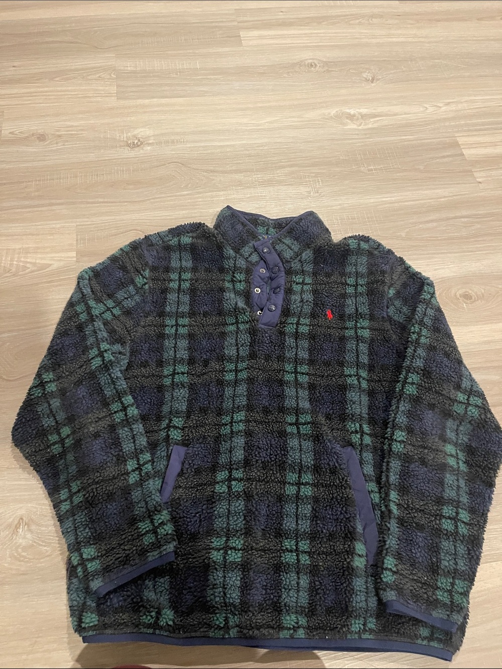 Polo Ralph Lauren Pullover Retro Pile Fleece Jacket Coat Plaid Navy/Green